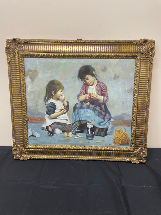 Antique 19th-Century Oil Painting – Zwei Mädchen (Two Girls) – After L. Vagano – 31x30