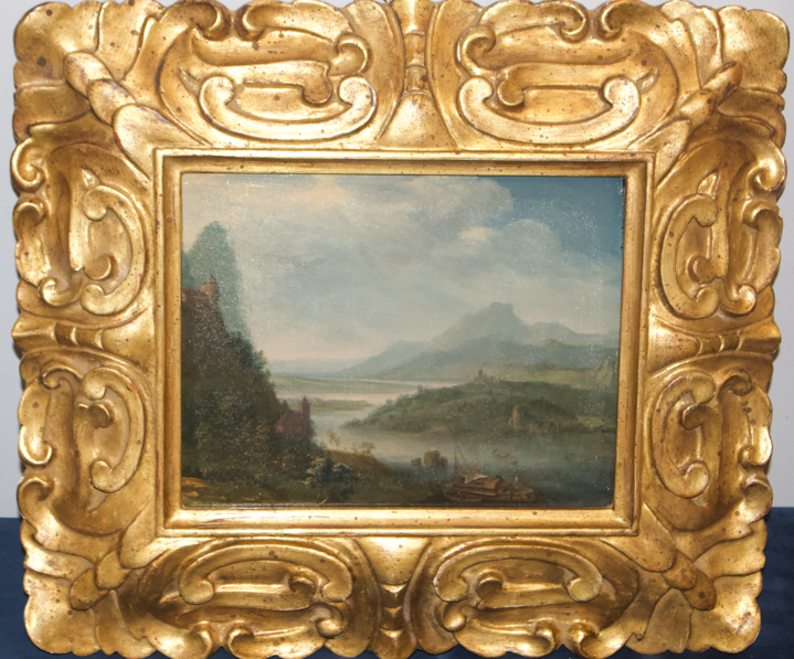 Antique 18th Century Landscape Painting Attributed to Christian Georg Schütz (1718–1791) – Oil on Panel with Giltwood Frame