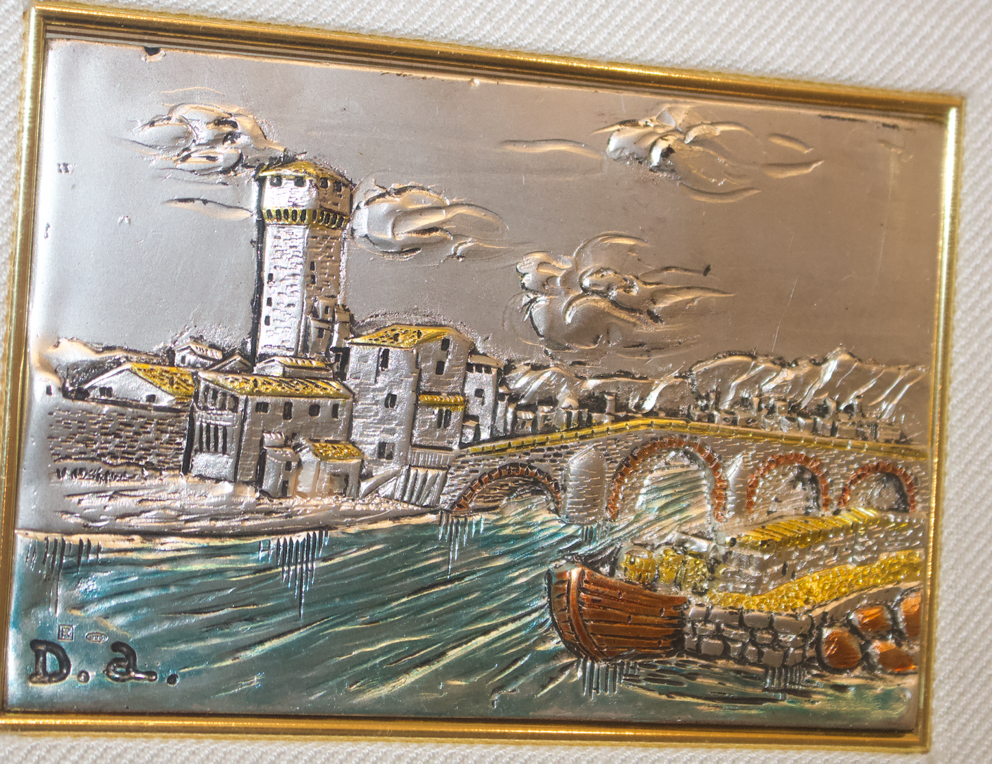 Signed D.A. Italian .925 Silver "Riempito" Embossed Relief Art – Medieval Coastal Scene – Framed