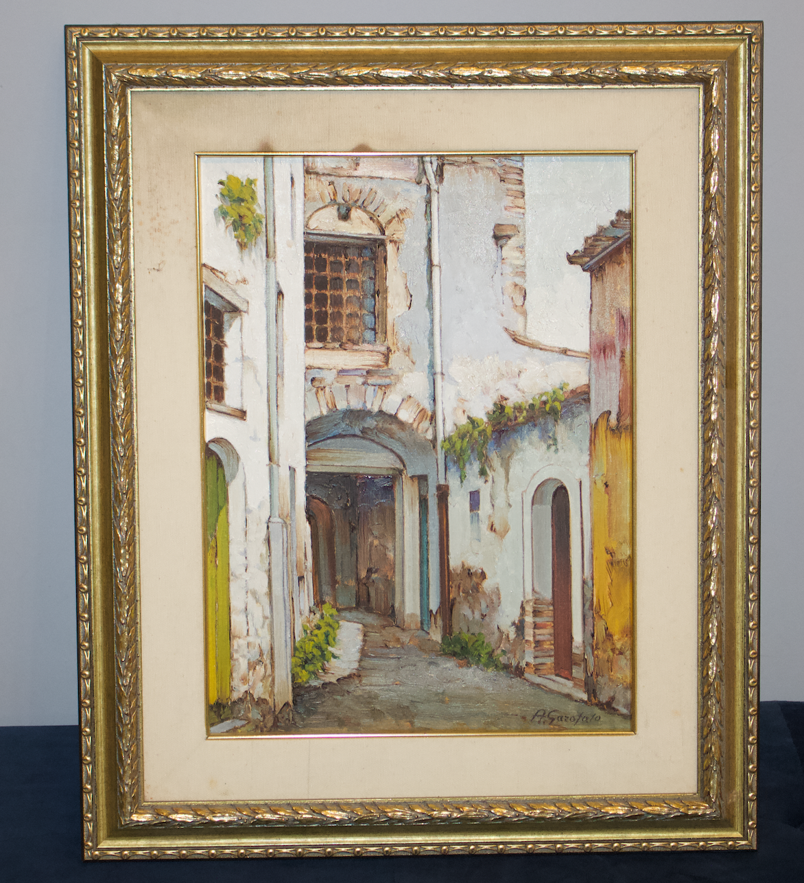 "Tableau Ruelle en pente" - Original Oil Painting on Canvas – Italian Town - Signed – Framed