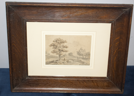 Antique 19th Century Ink Wash Drawing – Framed Original Landscape Artwork