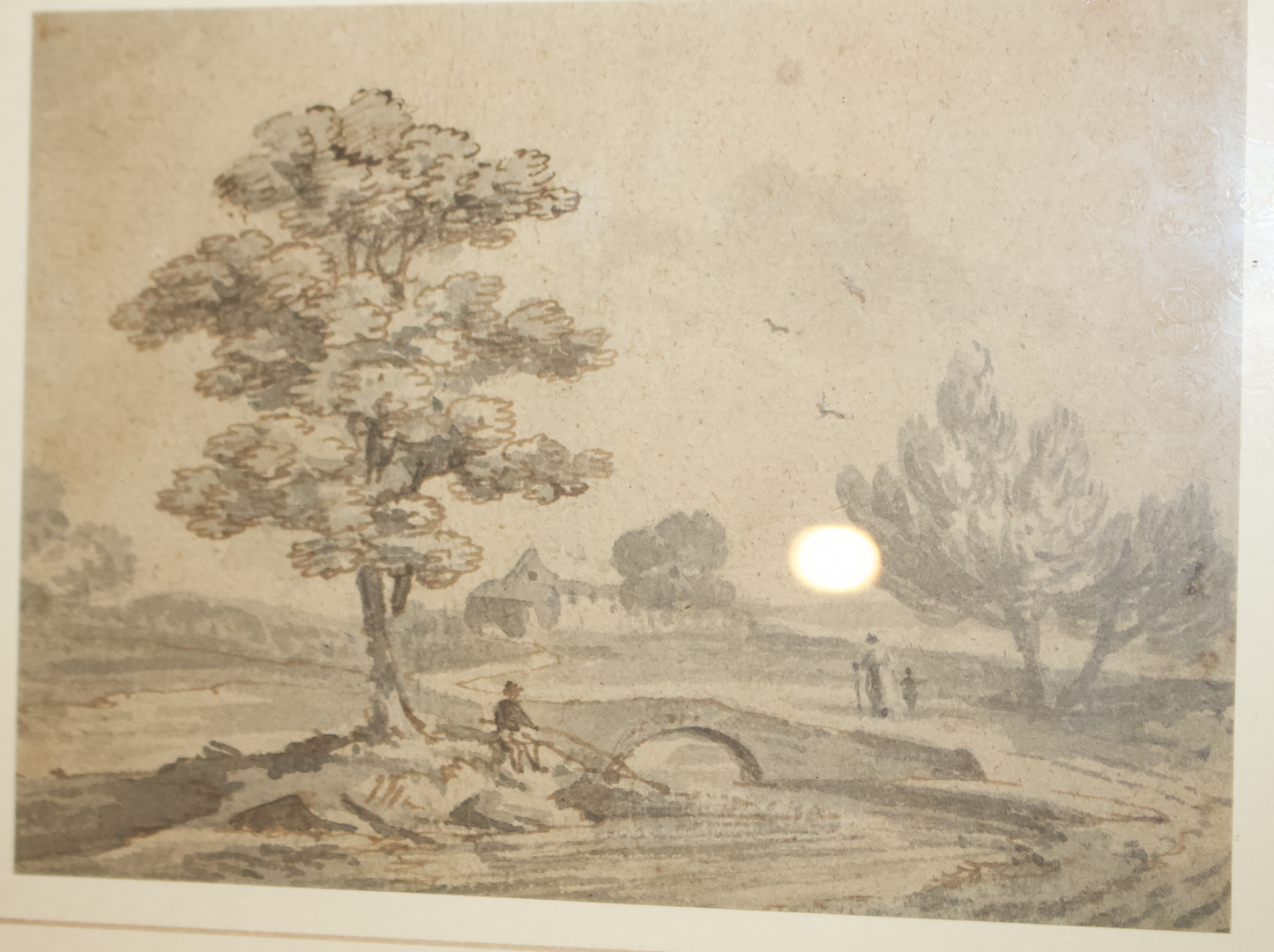 Antique 19th Century Ink Wash Drawing – Framed Original Landscape Artwork