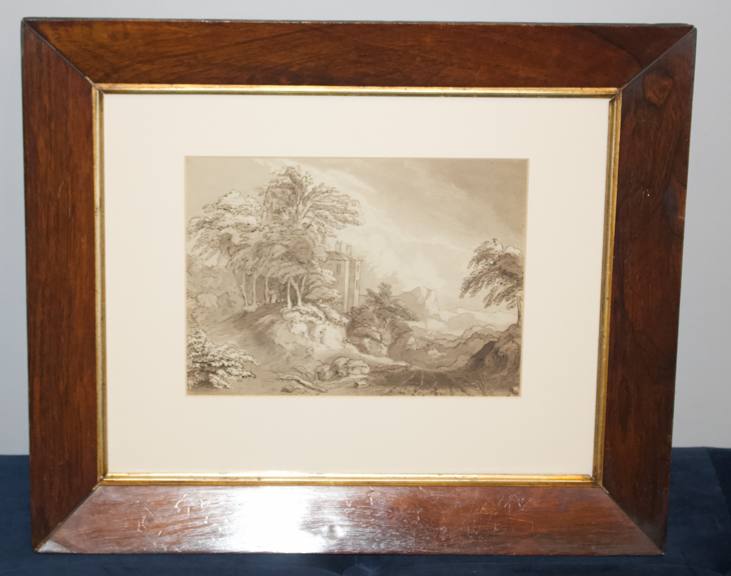 Antique 19th Century Ink Wash Landscape Drawing – Framed Original Artwork