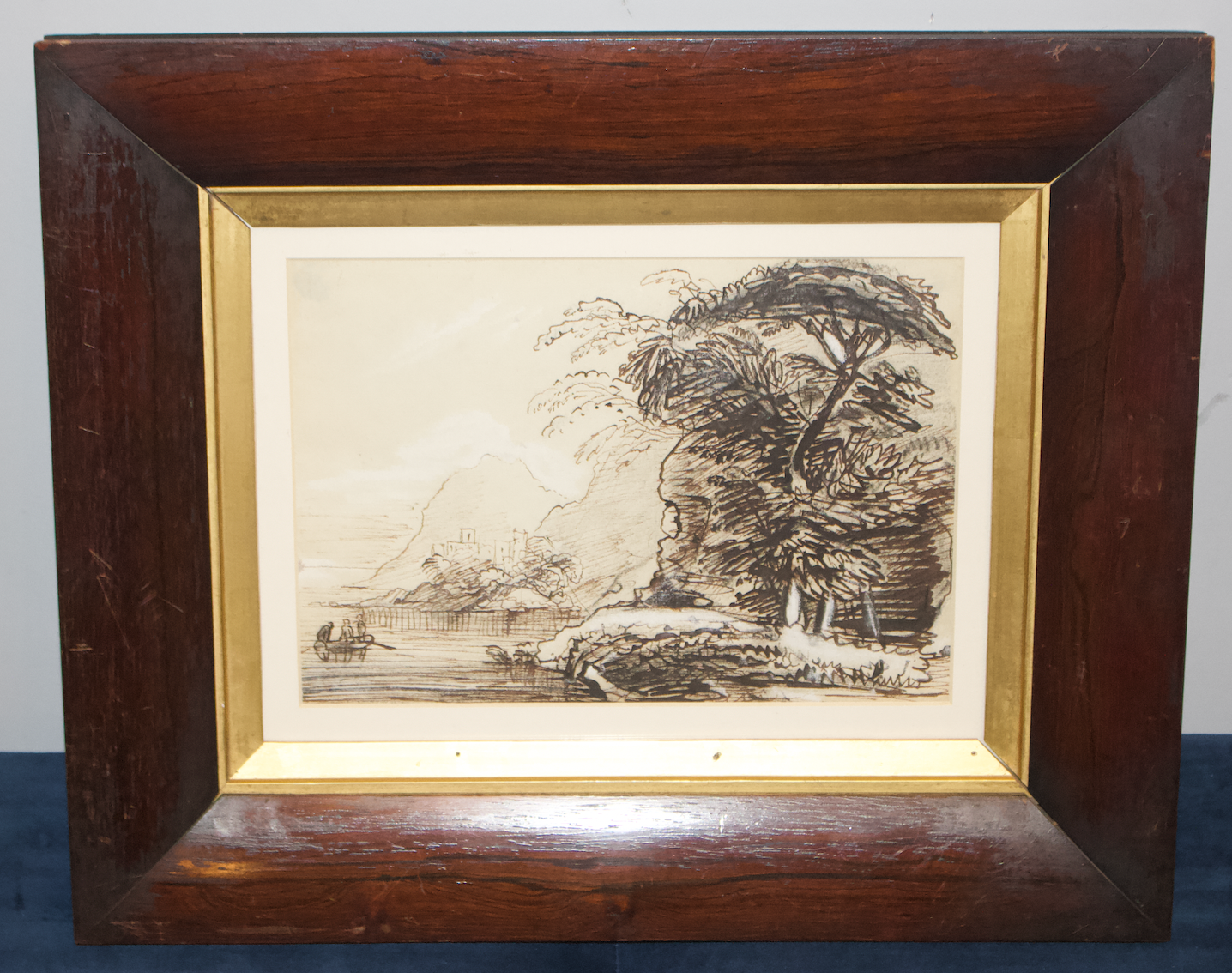 Antique Ink Drawing - 19th Century Landscape - Vintage Mahogany Frame (17” x 16”)