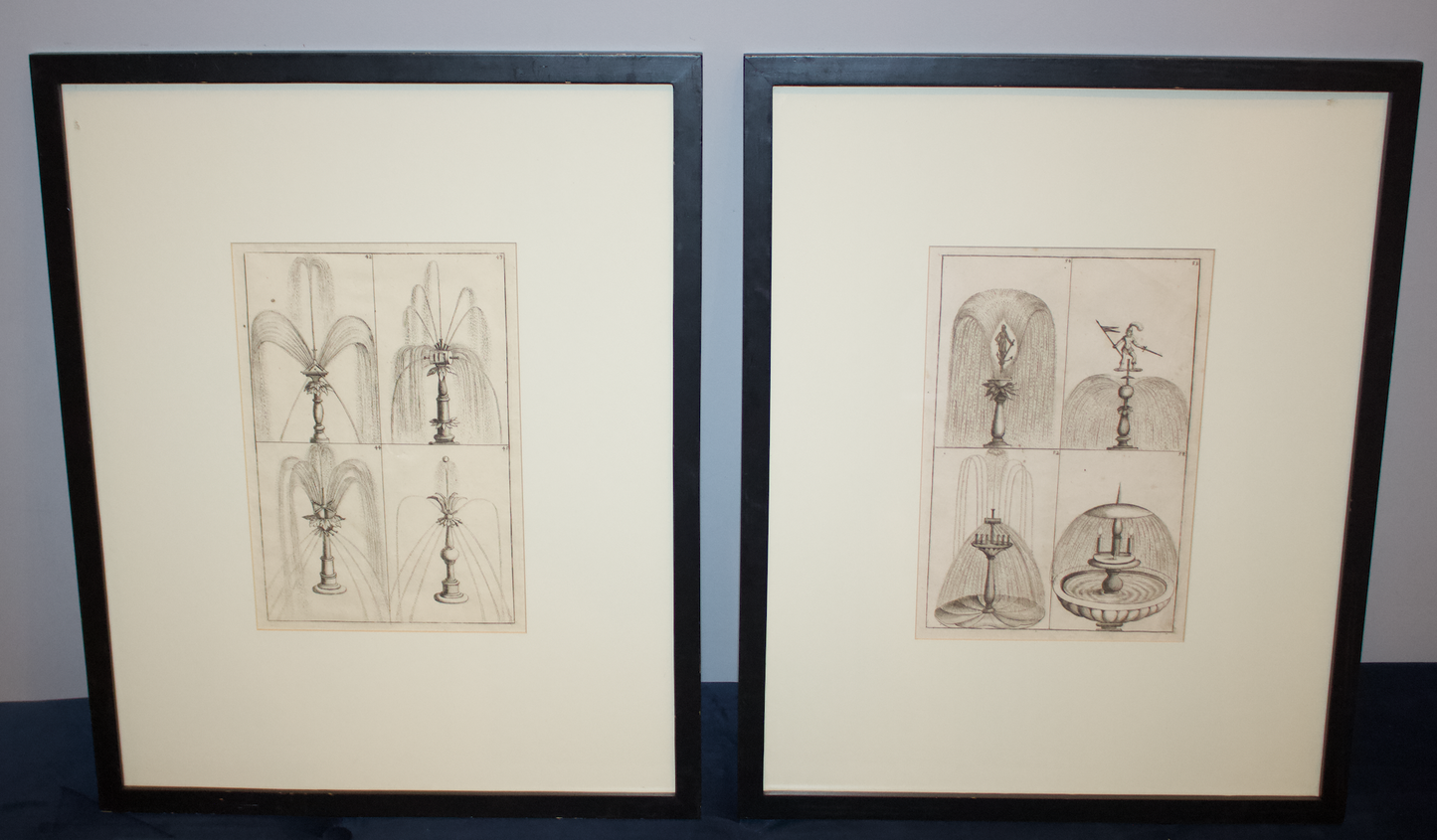 Pair of 17th-Century Fountain Design Prints from Architectura Curiosa Nova – Framed (21” x 16”)