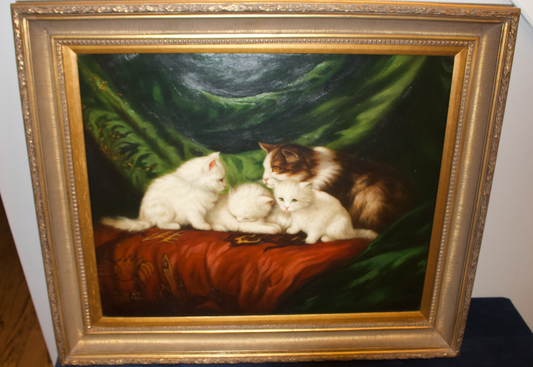 Antique 19th-Century Oil Painting Mother Cat & White Kittens – Ornate Gold Frame