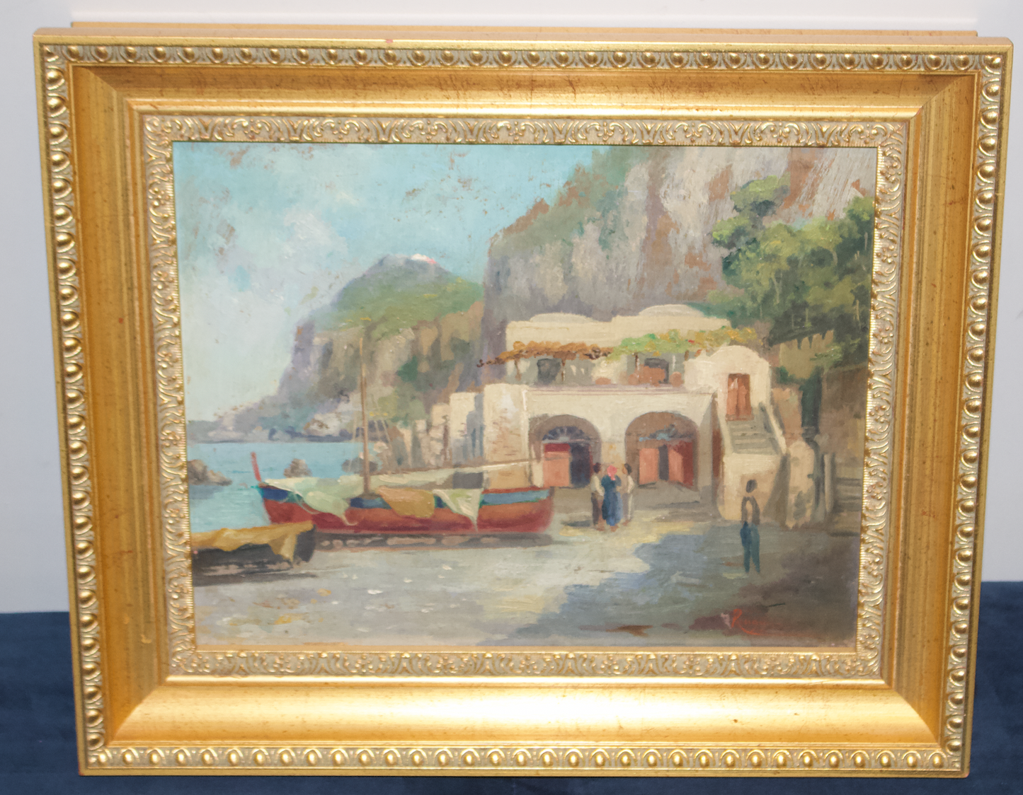 Vintage Italian Coastal Village Oil Painting – Mediterranean Harbor Scene