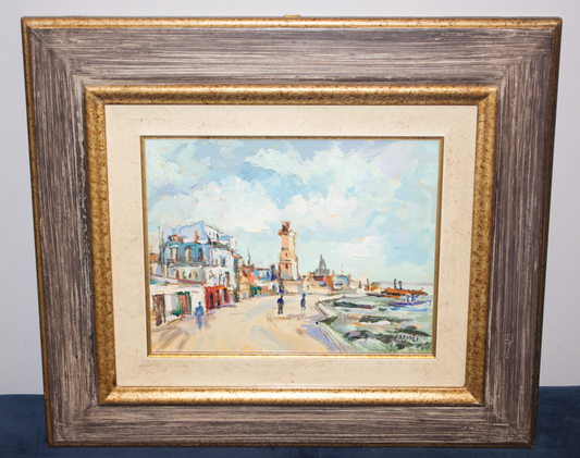 Carlo Farioli (1930-2019) - Original Oil Painting on Board - "Punto di Riferimento Sul Porto" (2001) - Framed Italian Coastal Scene