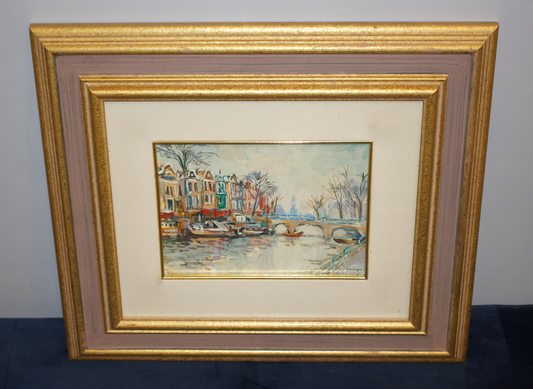 Carlo Farioli Original Oil Painting - "Lungo i Canali di Amsterdam" (2001) - Framed Impressionist Artwork