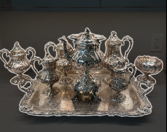 19th Century - Ball, Black, & Co. NY William Forbes Coin .900 Silver Tea Set / August Fraumont Sterling Tray